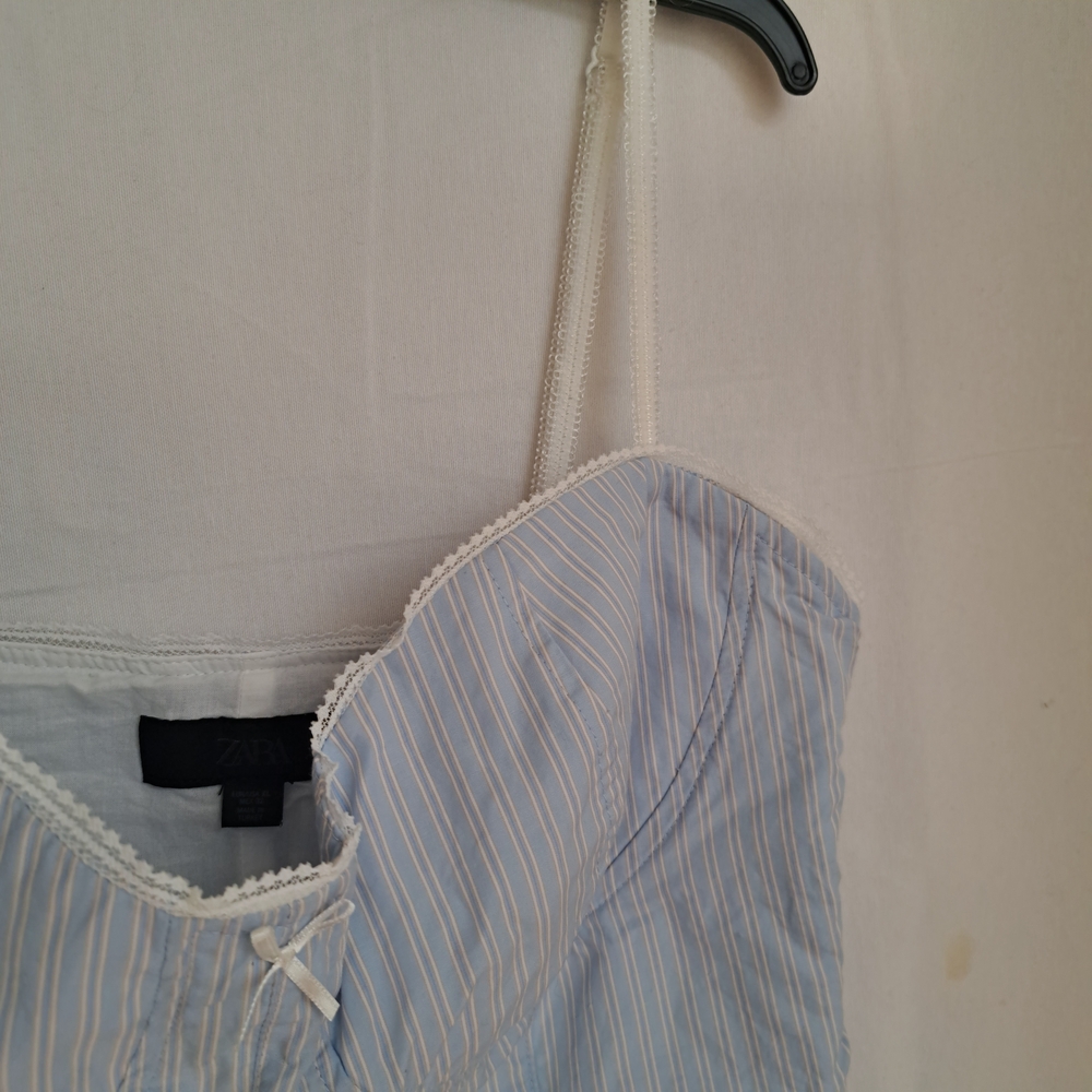 Zara Blue White Pinstripe Corset‎ Peplum Top Lace Trim Sweetheart Camisole XL - Picture 5 of 9